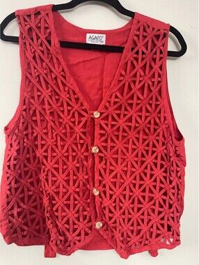 Agapo Collection Womens M Red Rayon Lattice Button Front Boho Vest India